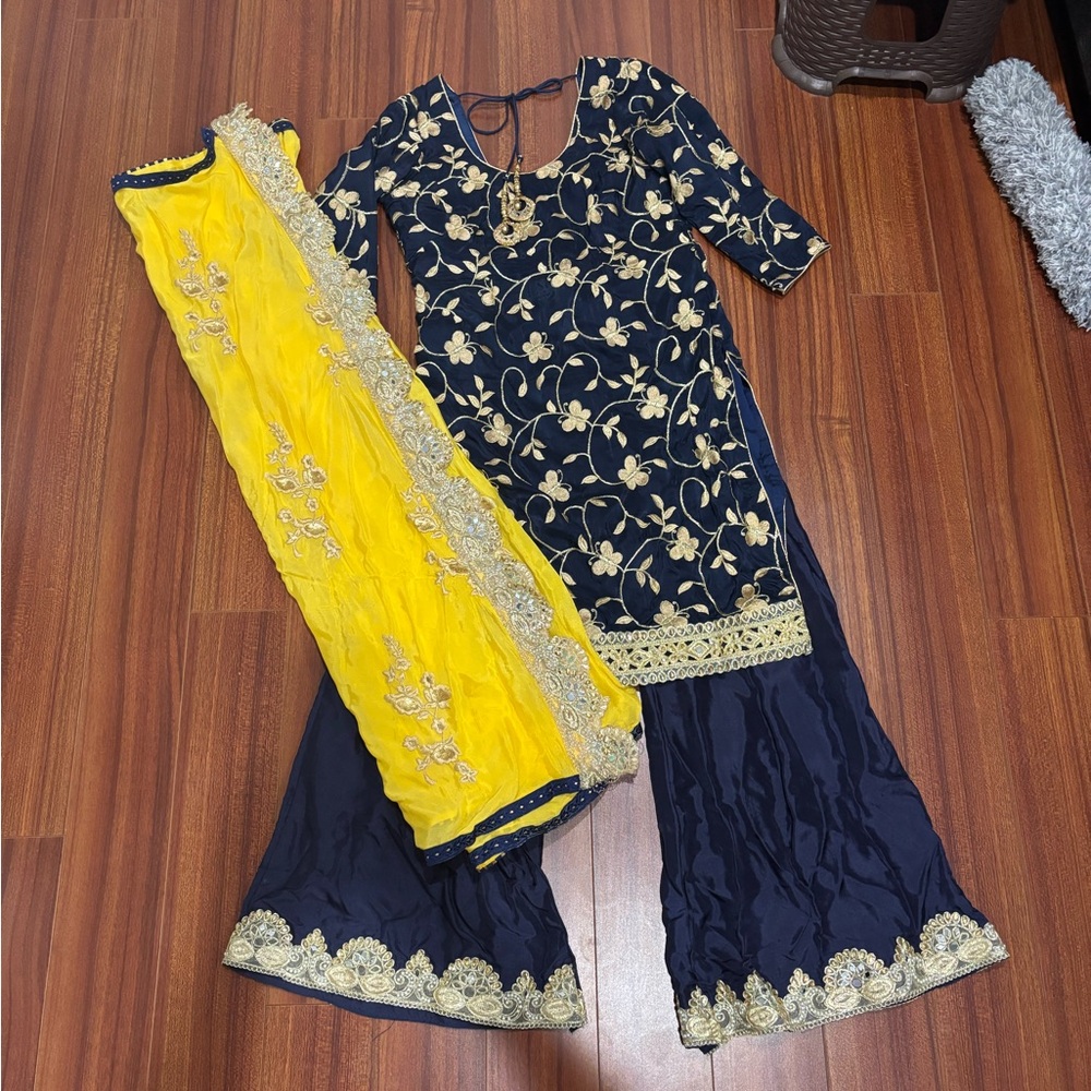 Navy and Yellow Embroidered Suit Set